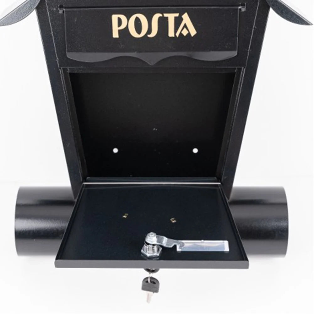 European Style Outdoor Wall Mounted Letterbox Metal Mailbox Lockable Suggestion Box Weatherproof Post Box - Black - 3