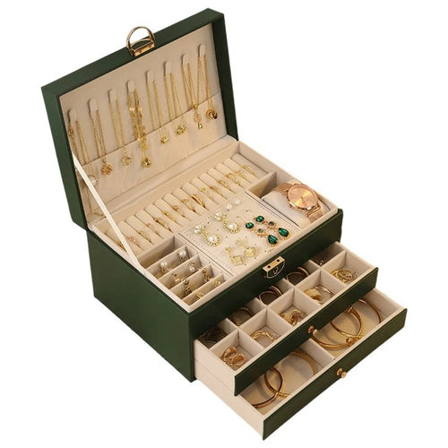 Jewelry Organizer Box Large Capacity 3-Drawer Design PU Leather Storage Case for Necklaces / Earrings / Watches / Rings - Green - 1