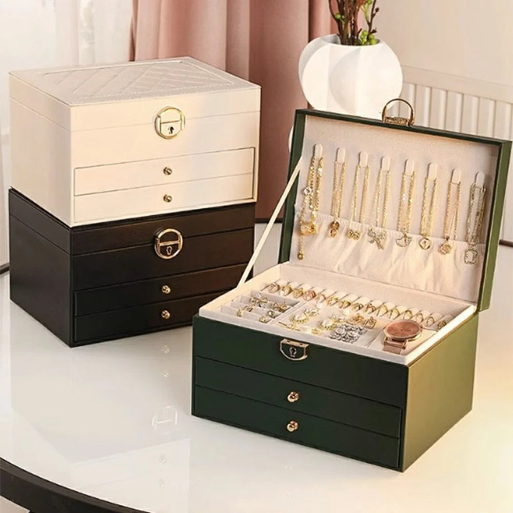 Jewelry Organizer Box Large Capacity 3-Drawer Design PU Leather Storage Case for Necklaces / Earrings / Watches / Rings - Green - 2
