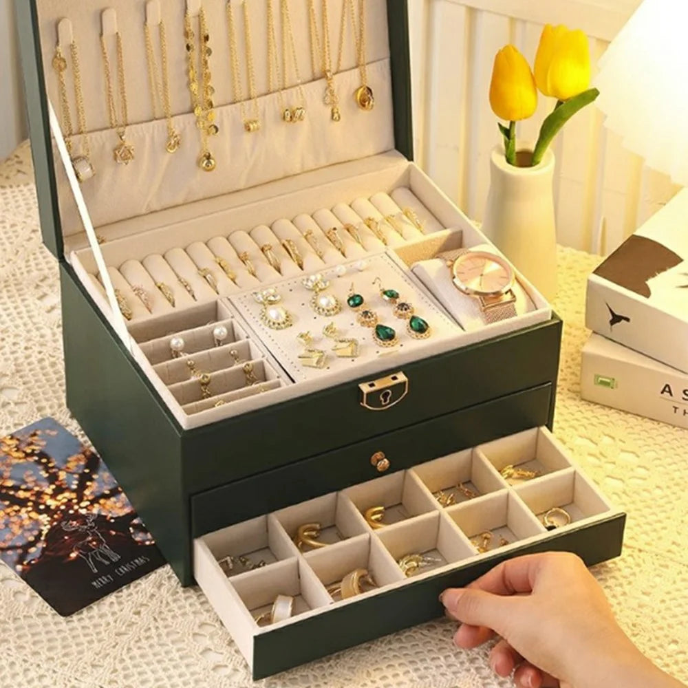 Jewelry Organizer Box Large Capacity 3-Drawer Design PU Leather Storage Case for Necklaces / Earrings / Watches / Rings - Green - 3