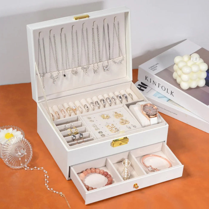 Dual Layer Jewelry Organizer Box with Drawer Large Capacity Lockable PU Leather Storage Case for Necklaces Bracelets Earrings - White - 1