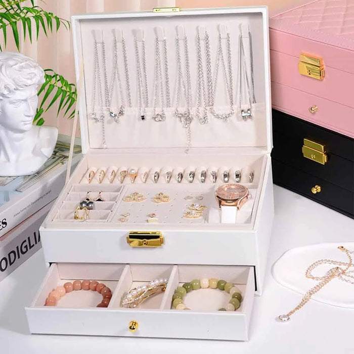 Dual Layer Jewelry Organizer Box with Drawer Large Capacity Lockable PU Leather Storage Case for Necklaces Bracelets Earrings - White - 2