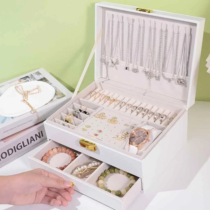 Dual Layer Jewelry Organizer Box with Drawer Large Capacity Lockable PU Leather Storage Case for Necklaces Bracelets Earrings - White - 3