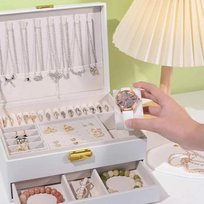 Dual Layer Jewelry Organizer Box with Drawer Large Capacity Lockable PU Leather Storage Case for Necklaces Bracelets Earrings - White - 4