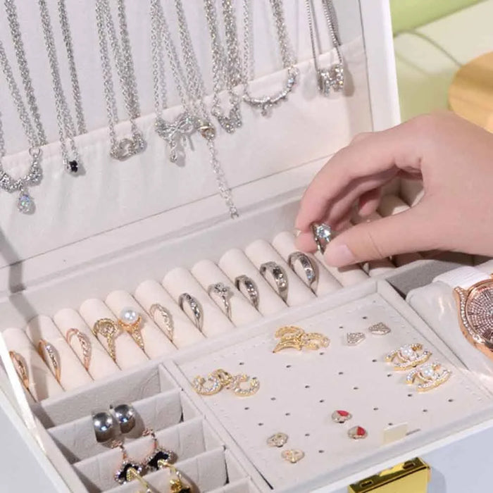 Dual Layer Jewelry Organizer Box with Drawer Large Capacity Lockable PU Leather Storage Case for Necklaces Bracelets Earrings - White - 6