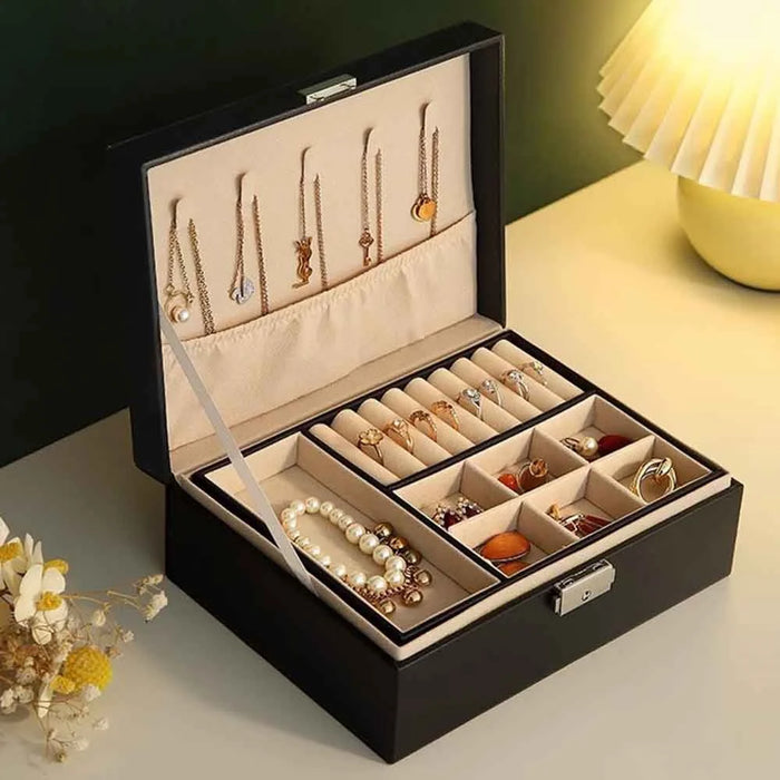 Double Layer Jewelry Box PU Leather Organizer with Lock for Earrings Rings Necklaces Bracelets Storage Case - Black - 1