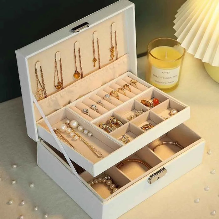 Double Layer Jewelry Box PU Leather Organizer with Lock for Earrings Rings Necklaces Bracelets Storage Case - Black - 2