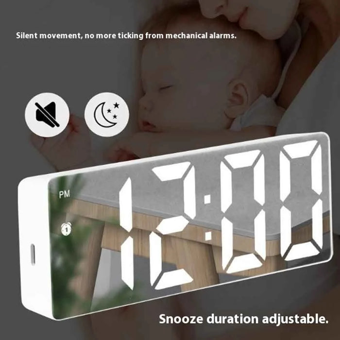 LED Digital Alarm Clock for Students Mirror Surface Desktop Clock with Voice Control Function - Black Shell+Black Surface+White Light - 2