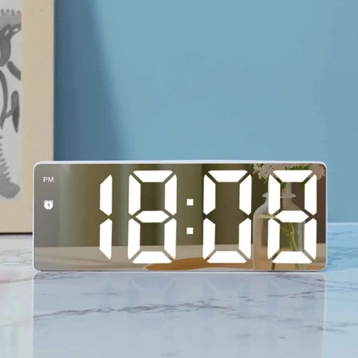 LED Digital Alarm Clock for Students Mirror Surface Desktop Clock with Voice Control Function - Black Shell+Black Surface+White Light - 5