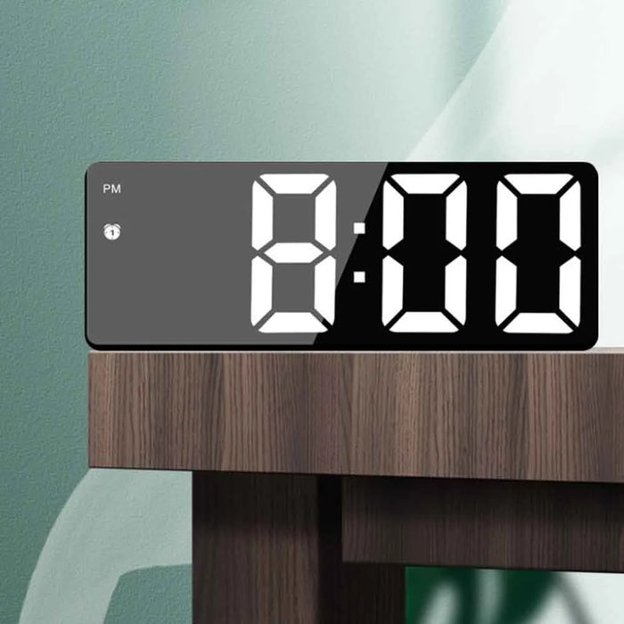 LED Digital Alarm Clock for Students Mirror Surface Desktop Clock with Voice Control Function - Black Shell+Black Surface+White Light - 6