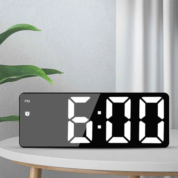 LED Digital Alarm Clock for Students Mirror Surface Desktop Clock with Voice Control Function - Black Shell+Black Surface+White Light - 7
