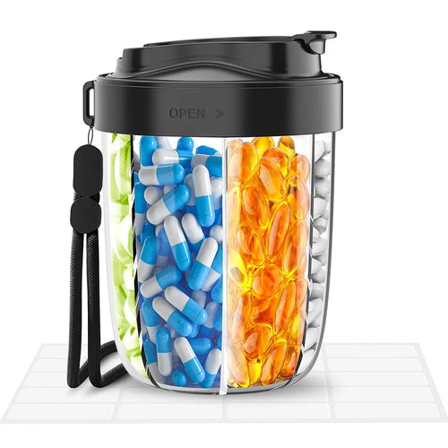 Portable 7 Compartments Sealed Pill Organizer Storage Cup Travel Medication Container (FCM  / PFAS Tested) - Black - 1