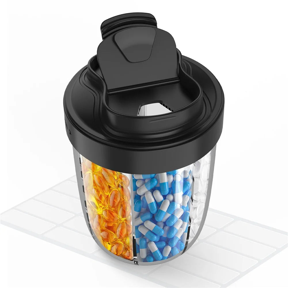 Portable 7 Compartments Sealed Pill Organizer Storage Cup Travel Medication Container (FCM  / PFAS Tested) - Black - 2