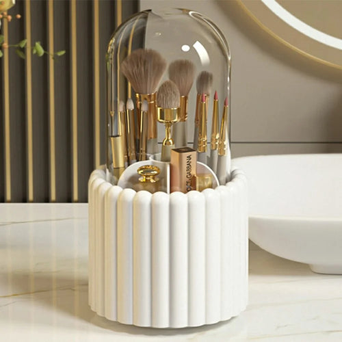 7 Compartments Rotating Makeup Brush Holder Organizer for Vanity Table Cosmetic Storage Container, with Lid - White - 1