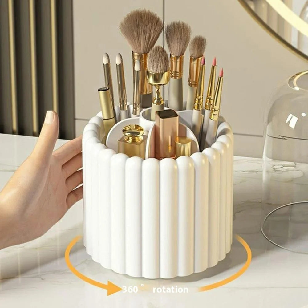 7 Compartments Rotating Makeup Brush Holder Organizer for Vanity Table Cosmetic Storage Container, with Lid - White - 2