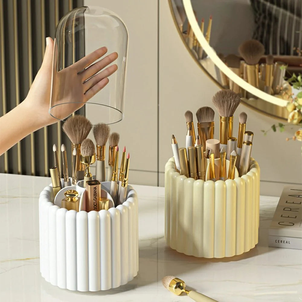 7 Compartments Rotating Makeup Brush Holder Organizer for Vanity Table Cosmetic Storage Container, with Lid - White - 3