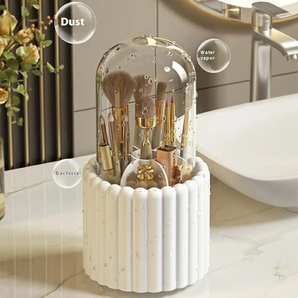7 Compartments Rotating Makeup Brush Holder Organizer for Vanity Table Cosmetic Storage Container, with Lid - White - 4