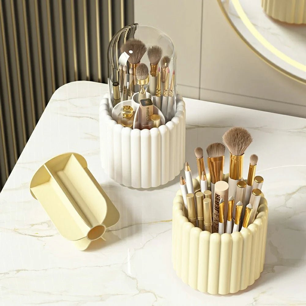 7 Compartments Rotating Makeup Brush Holder Organizer for Vanity Table Cosmetic Storage Container, with Lid - White - 5