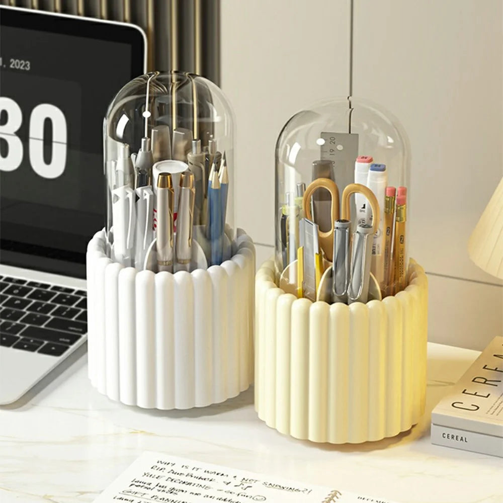 7 Compartments Rotating Makeup Brush Holder Organizer for Vanity Table Cosmetic Storage Container, with Lid - White - 6