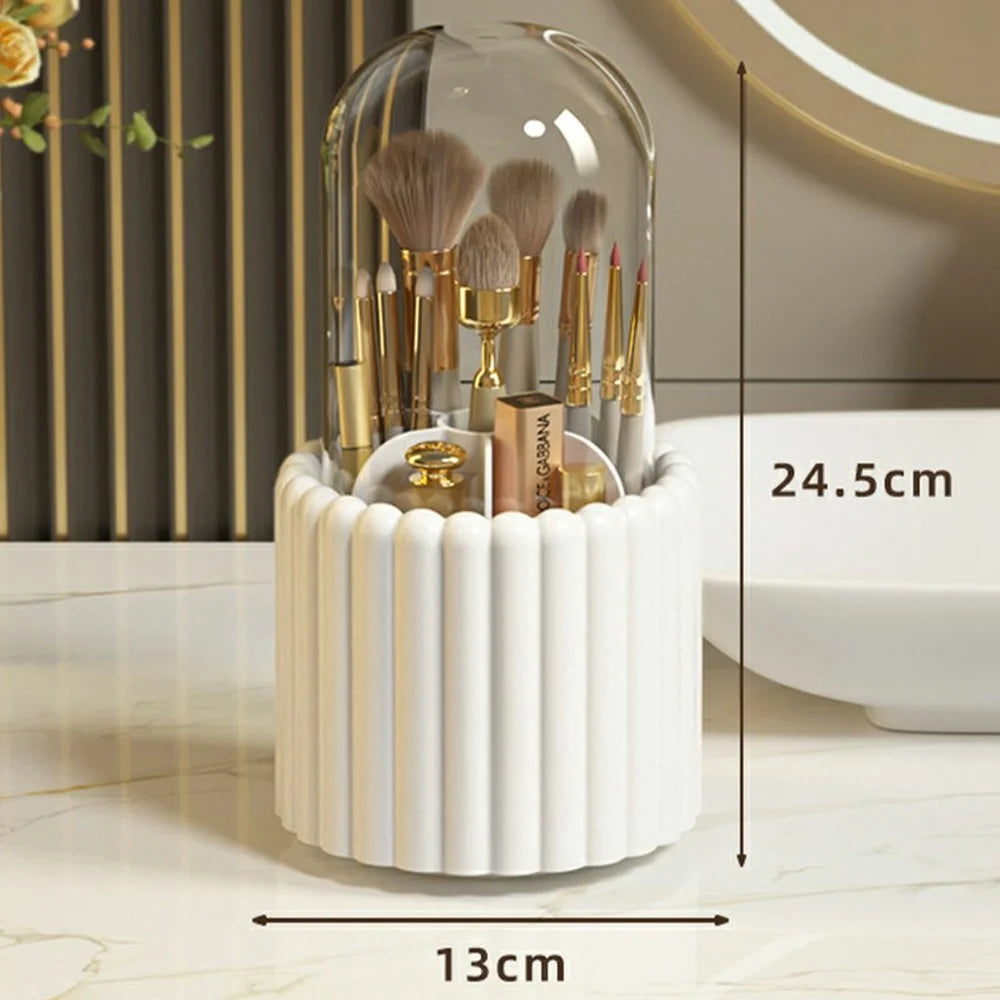 7 Compartments Rotating Makeup Brush Holder Organizer for Vanity Table Cosmetic Storage Container, with Lid - White - 7