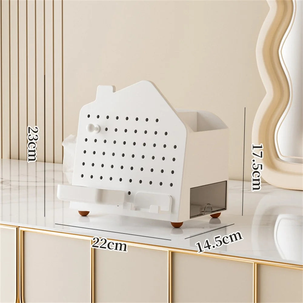 Desktop Organizer with Pegboard Paper Tissue Holder Stationery Cosmetic Storage Rack Office Pen Holder - White - 1