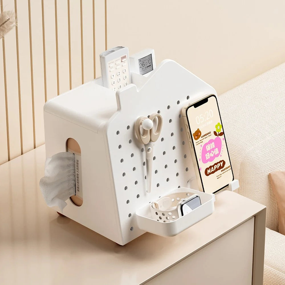 Desktop Organizer with Pegboard Paper Tissue Holder Stationery Cosmetic Storage Rack Office Pen Holder - White - 3