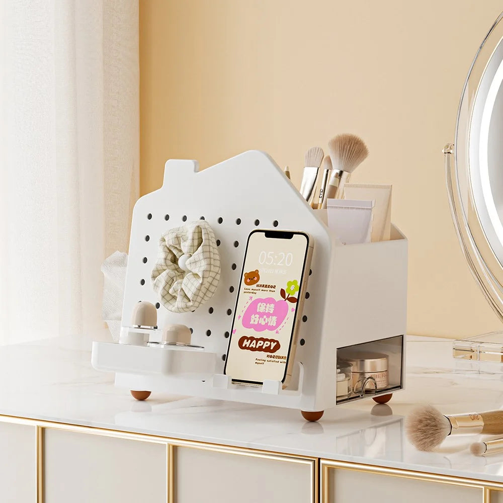 Desktop Organizer with Pegboard Paper Tissue Holder Stationery Cosmetic Storage Rack Office Pen Holder - White - 4