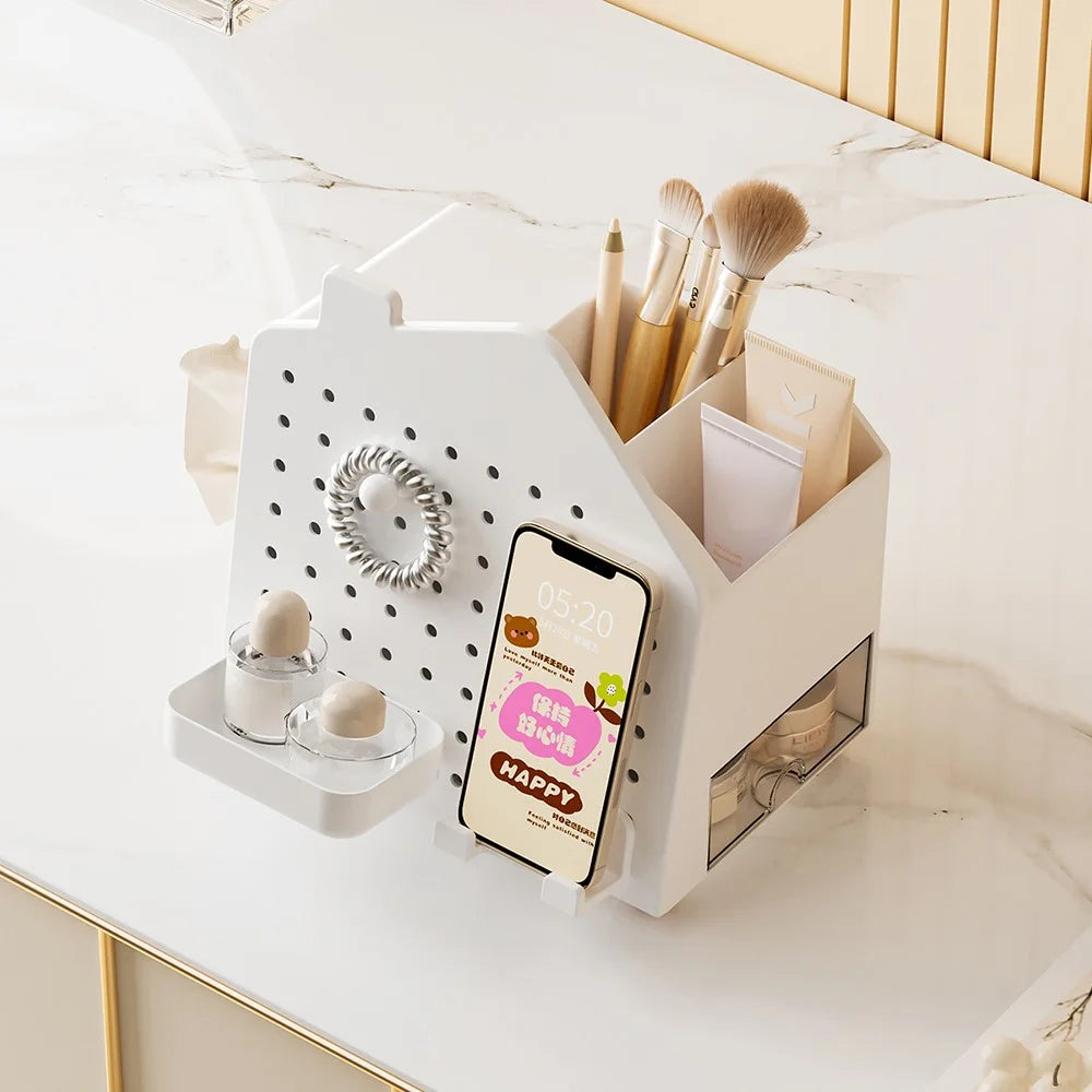 Desktop Organizer with Pegboard Paper Tissue Holder Stationery Cosmetic Storage Rack Office Pen Holder - White - 5