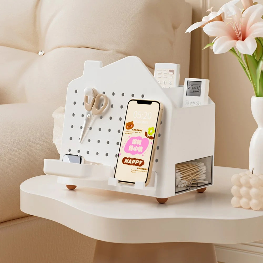 Desktop Organizer with Pegboard Paper Tissue Holder Stationery Cosmetic Storage Rack Office Pen Holder - White - 6