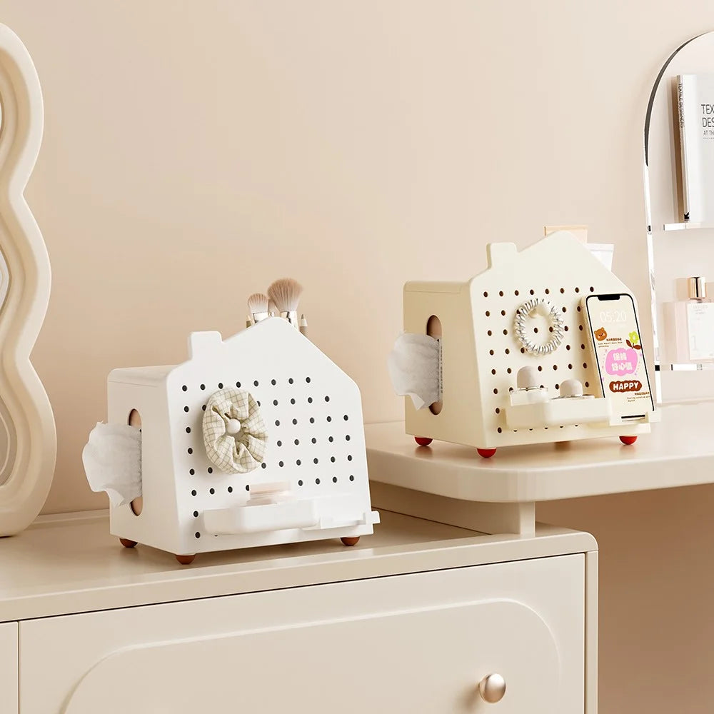 Desktop Organizer with Pegboard Paper Tissue Holder Stationery Cosmetic Storage Rack Office Pen Holder - White - 7
