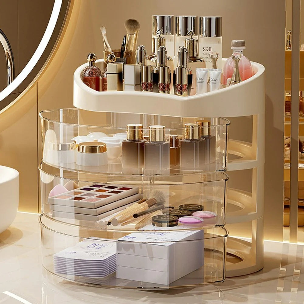 Rotating Makeup Organizer 3-Tier Cosmetic Storage Box for Bedroom Vanity Dustproof Skincare Display Case - 1