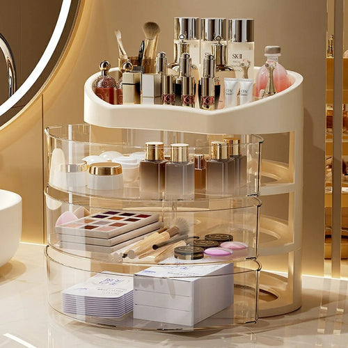 Rotating Makeup Organizer 3-Tier Cosmetic Storage Box for Bedroom Vanity Dustproof Skincare Display Case - 1