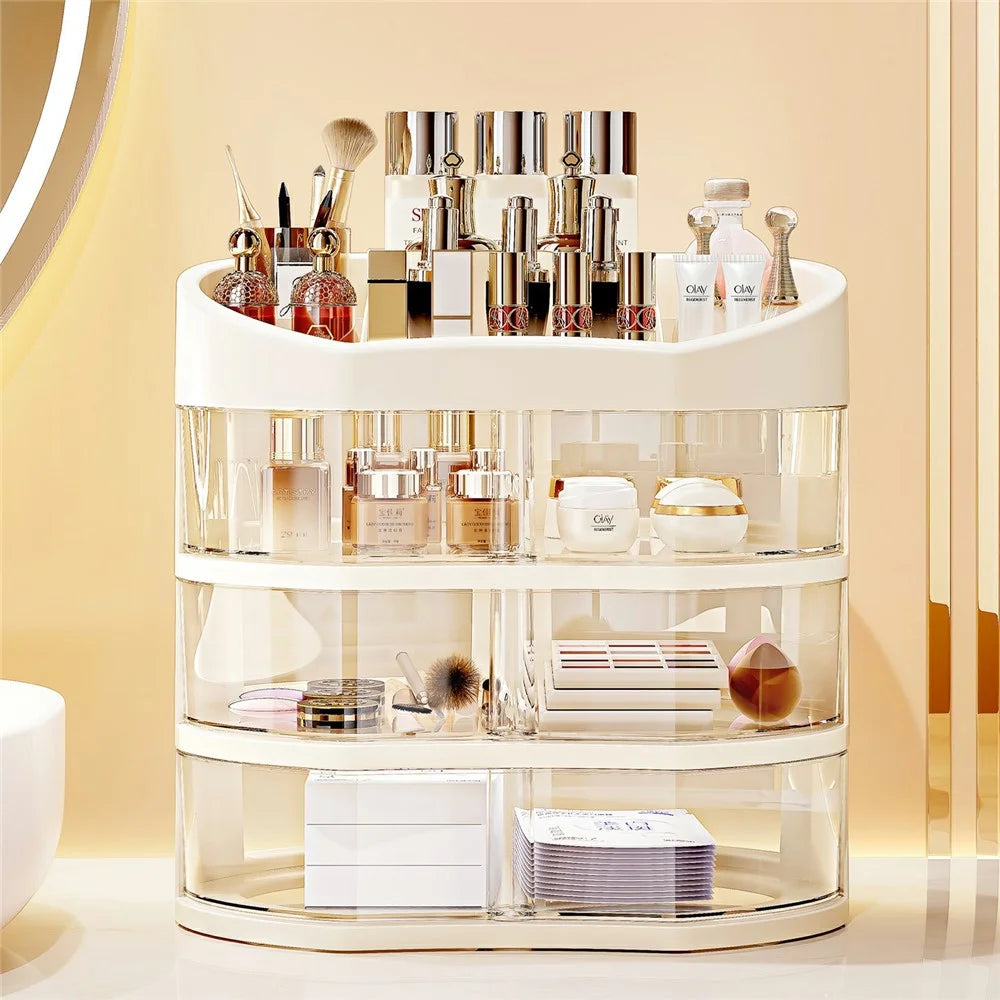 Rotating Makeup Organizer 3-Tier Cosmetic Storage Box for Bedroom Vanity Dustproof Skincare Display Case - 2
