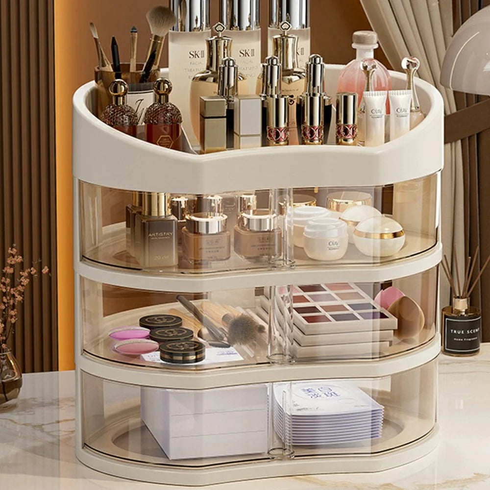 Rotating Makeup Organizer 3-Tier Cosmetic Storage Box for Bedroom Vanity Dustproof Skincare Display Case - 4