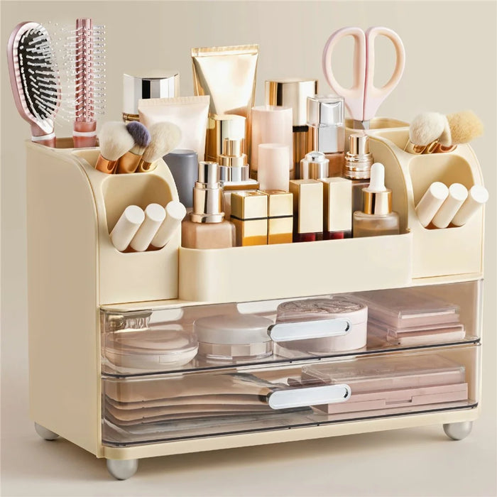Drawer Cosmetic Storage Box Multi Compartment Makeup Holder Transparent Cosmetic Organizer Dustproof - Cream White - 1