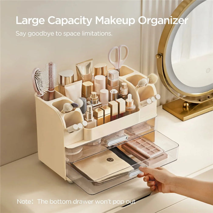 Drawer Cosmetic Storage Box Multi Compartment Makeup Holder Transparent Cosmetic Organizer Dustproof - Cream White - 2