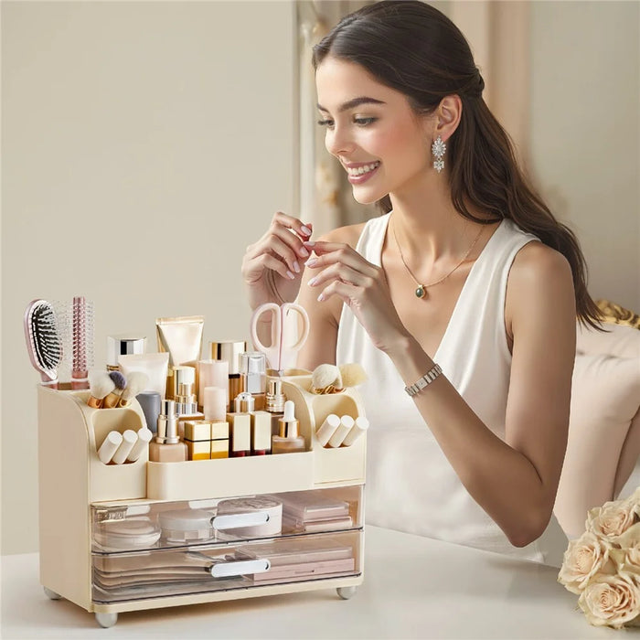 Drawer Cosmetic Storage Box Multi Compartment Makeup Holder Transparent Cosmetic Organizer Dustproof - Cream White - 4