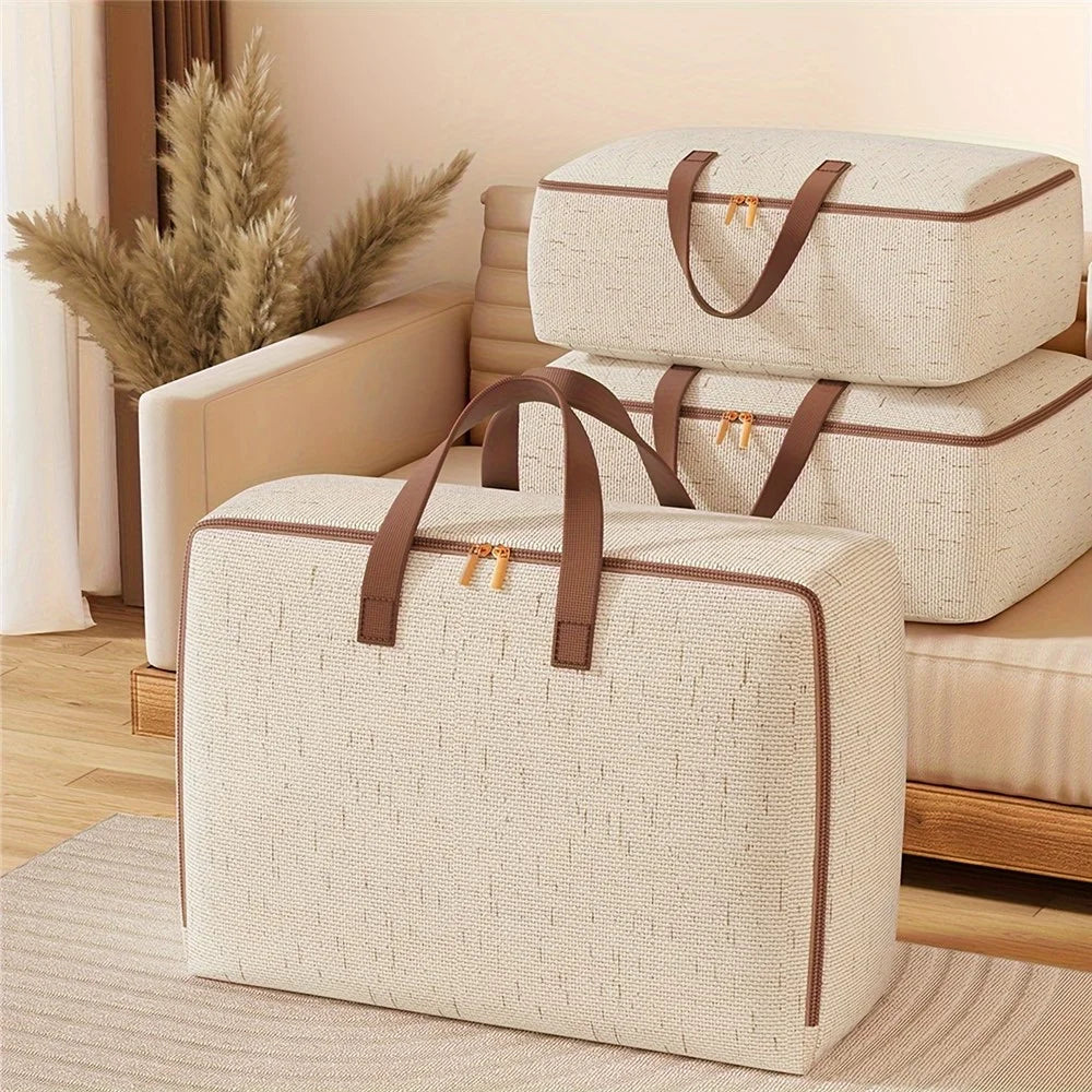 50L Cotton Linen Storage Bag Handheld Quilt Storage Bag Large Capacity Foldable Clothes Organizer for Home Travel - 7