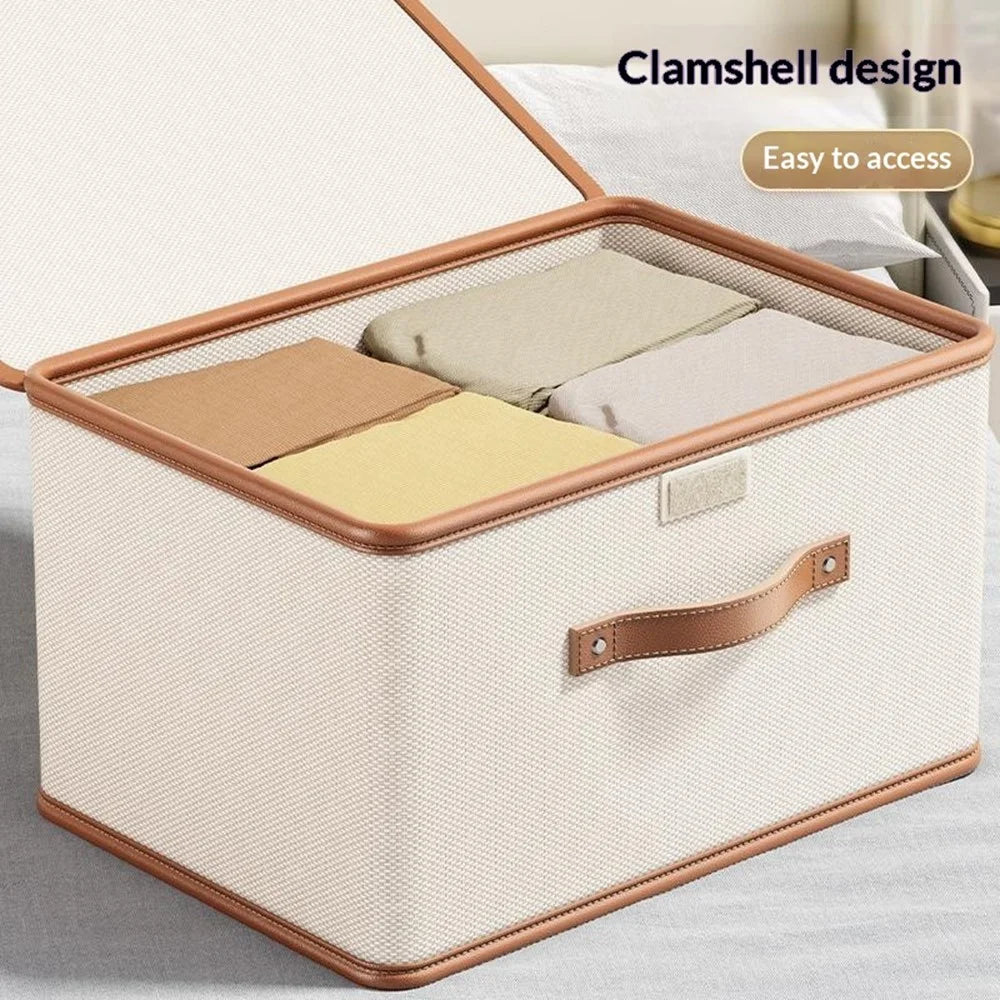 44×30×29cm Large Oxford Fabric Storage Box Large Capacity Foldable Organizer with Lid and Handle for Clothes Toys Books - Beige - 2