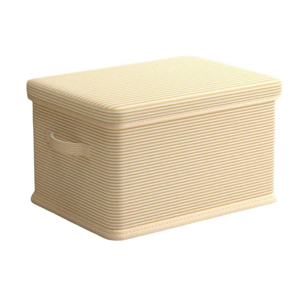 36×25×20cm Medium Striped Storage Box Foldable Lidded Organizer with Reinforced Handles for Wardrobe Closet - Beige Stripe - 1