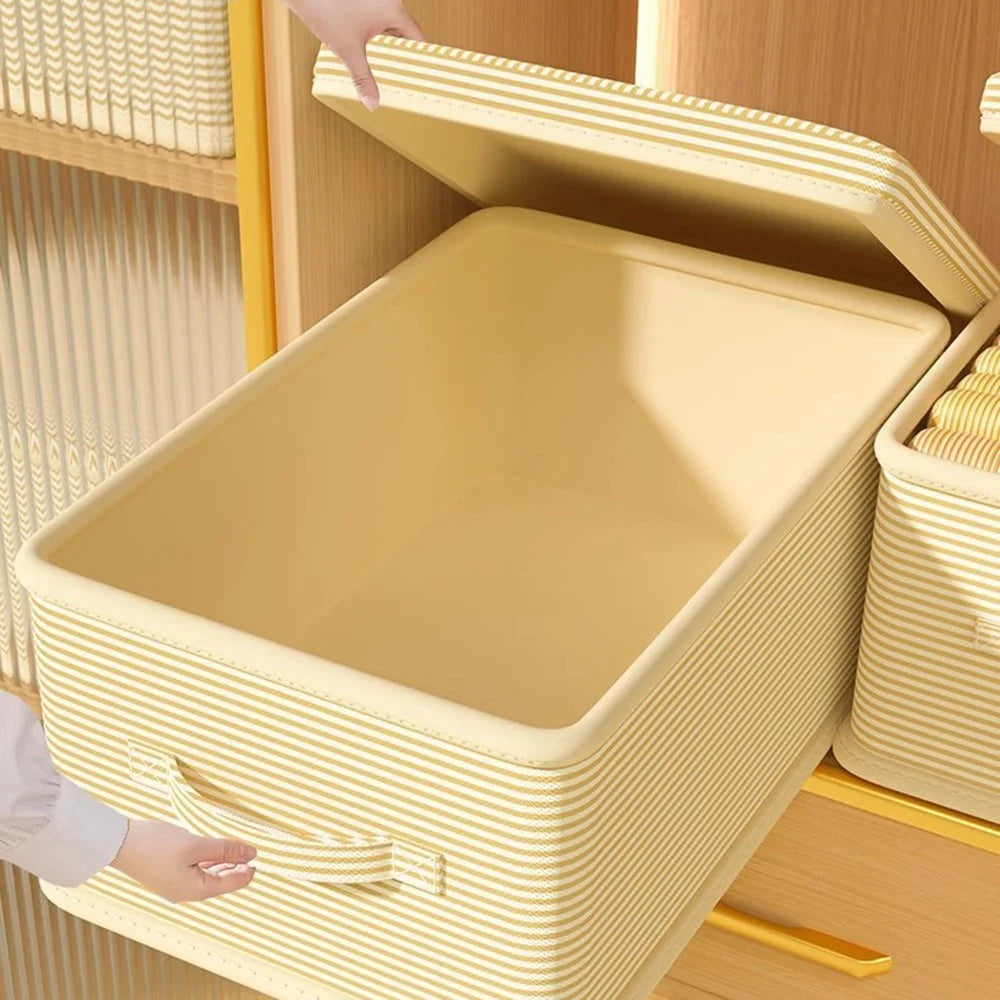 36×25×20cm Medium Striped Storage Box Foldable Lidded Organizer with Reinforced Handles for Wardrobe Closet - Beige Stripe - 7