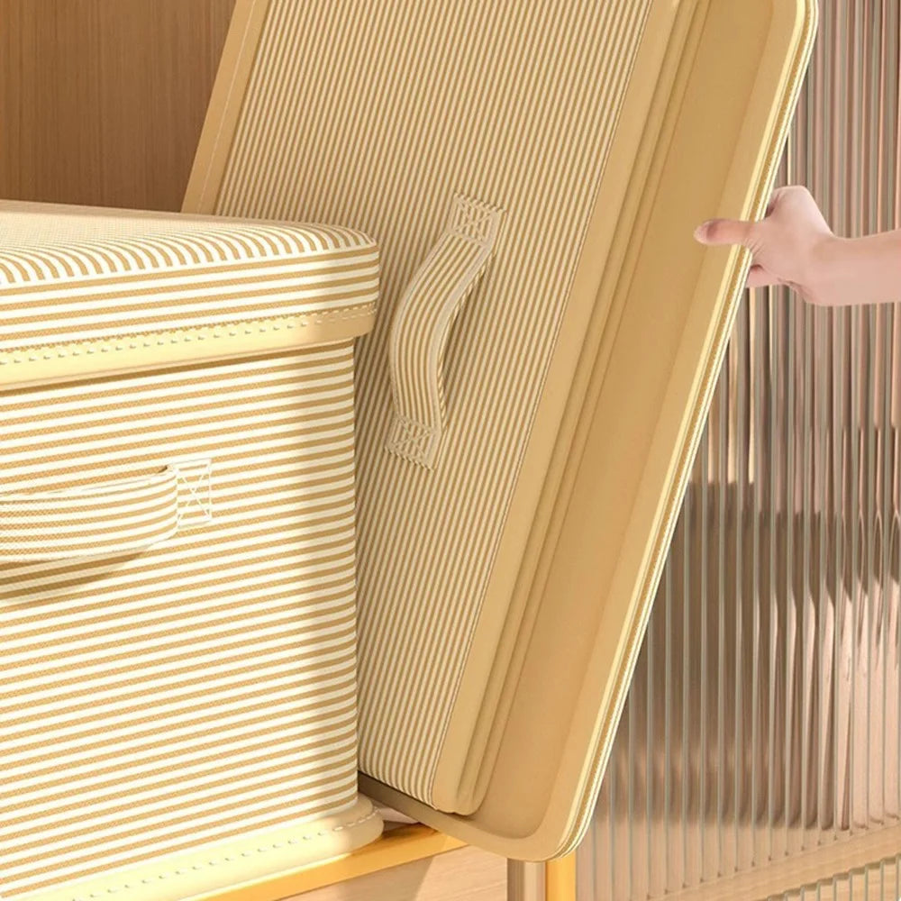 50×40×33cm Extra Large Striped Storage Box Foldable Lidded Organizer with Reinforced Handles for Wardrobe Closet - Gray Herringbone - 6