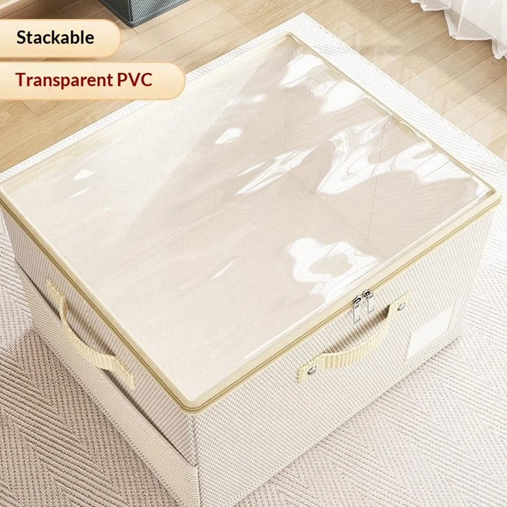 45 x 42 x 28cm Breathable Oxford Fabric Storage Box with Clear PVC Lid Foldable Clothes Organizer - Beige - 2