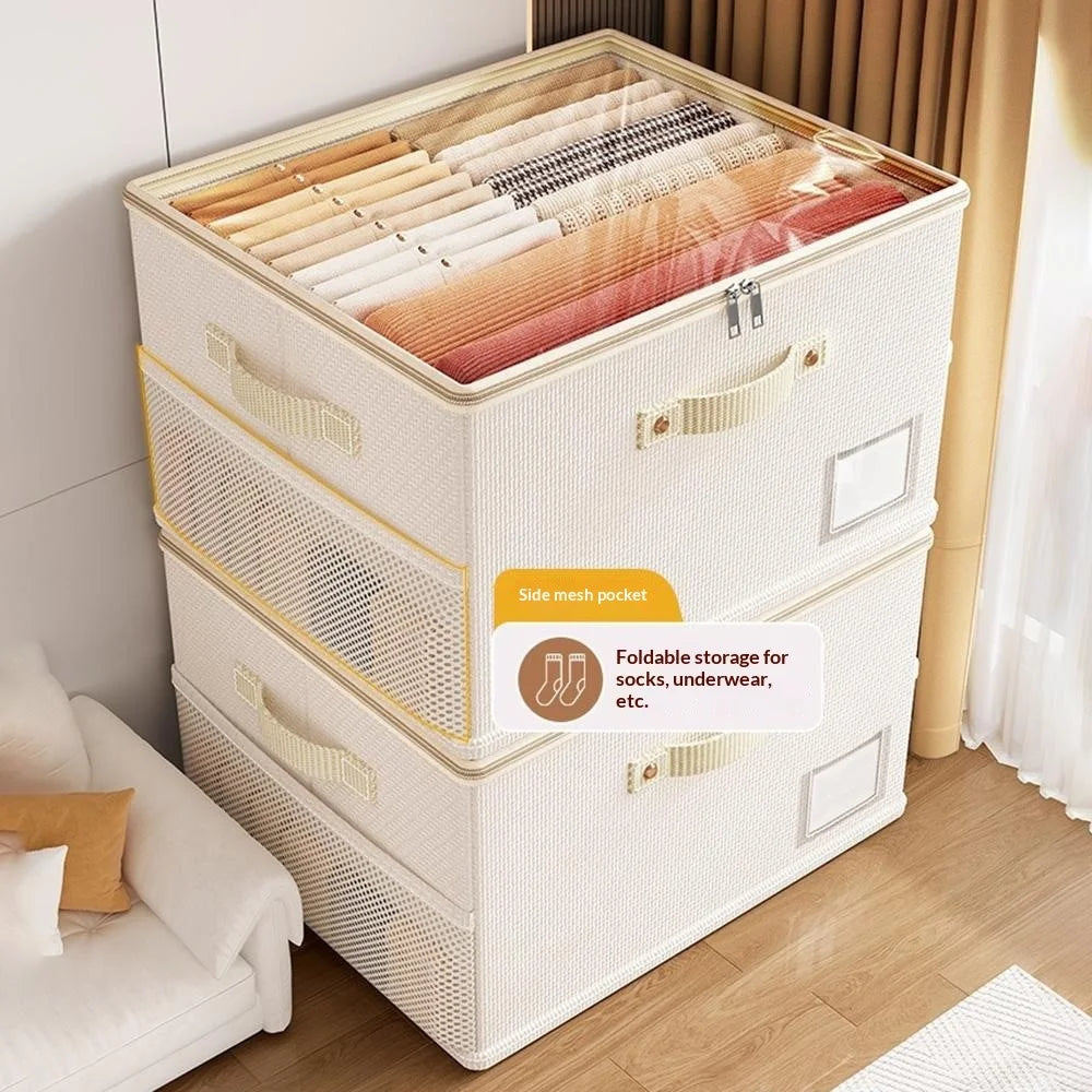 45 x 42 x 28cm Breathable Oxford Fabric Storage Box with Clear PVC Lid Foldable Clothes Organizer - Beige - 3