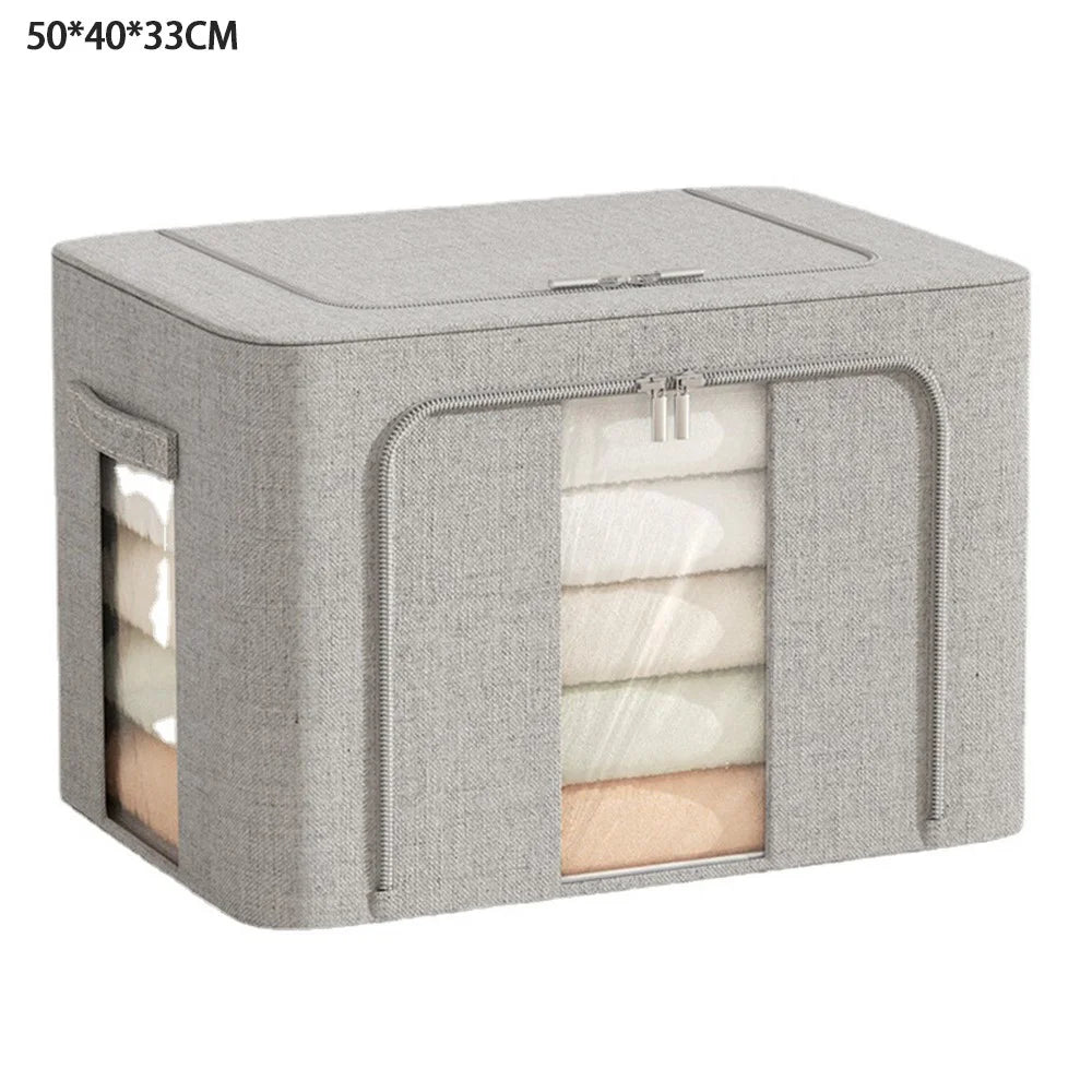 66L 50 x 40 x 33CM Foldable Storage Box For Clothes Bedding Double Window Steel Frame Heavy Duty Linen Cotton Organizer - Grey - 1