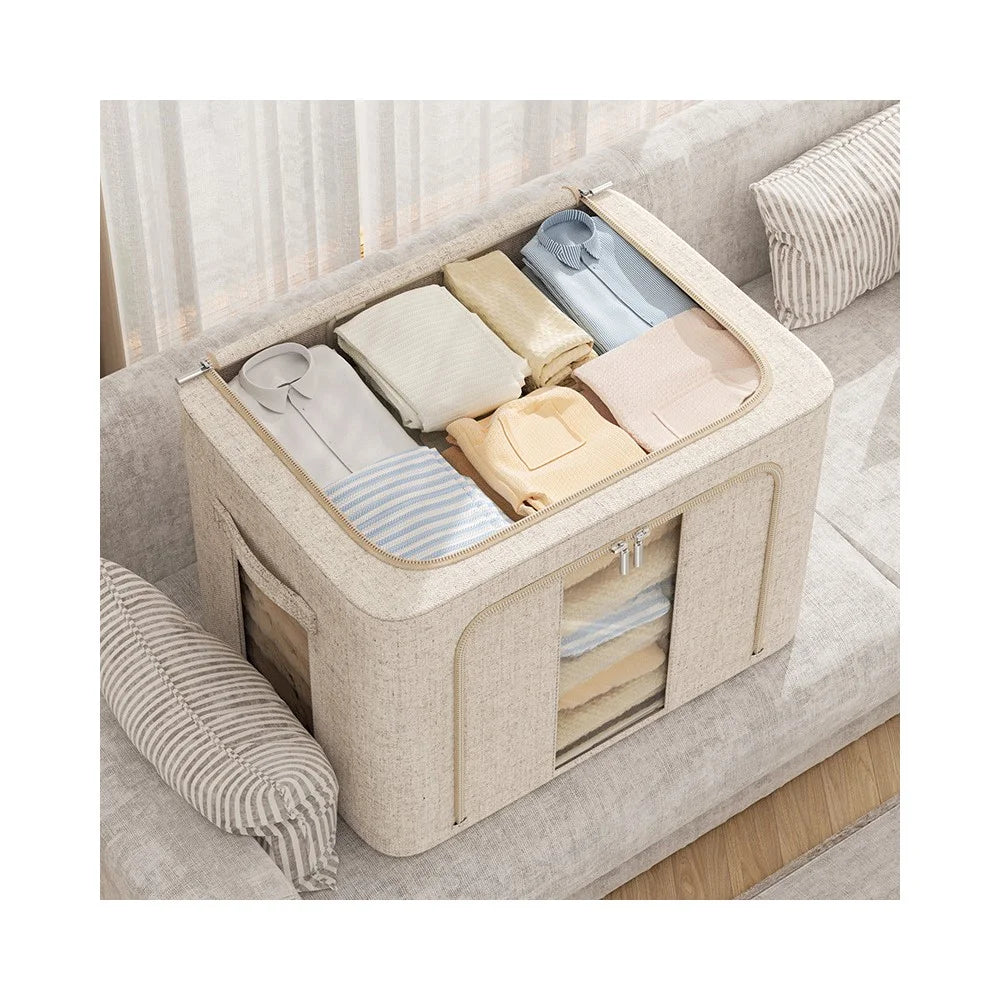 66L 50 x 40 x 33CM Foldable Storage Box For Clothes Bedding Double Window Steel Frame Heavy Duty Linen Cotton Organizer - Grey - 2
