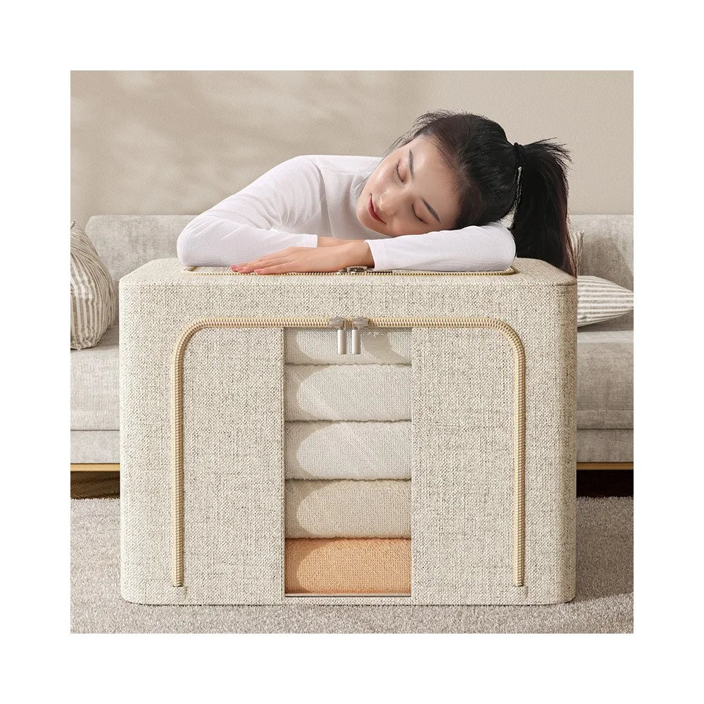 66L 50 x 40 x 33CM Foldable Storage Box For Clothes Bedding Double Window Steel Frame Heavy Duty Linen Cotton Organizer - Grey - 3