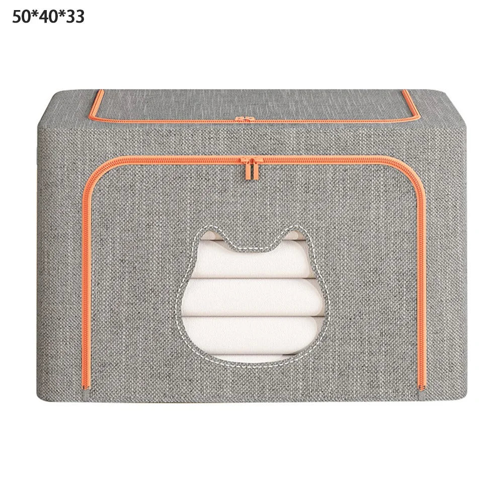 66L 50 x 40 x 33CM Foldable Storage Box with Cat Ear Window Cationic Fabric Steel Frame Organizer - Grey - 1