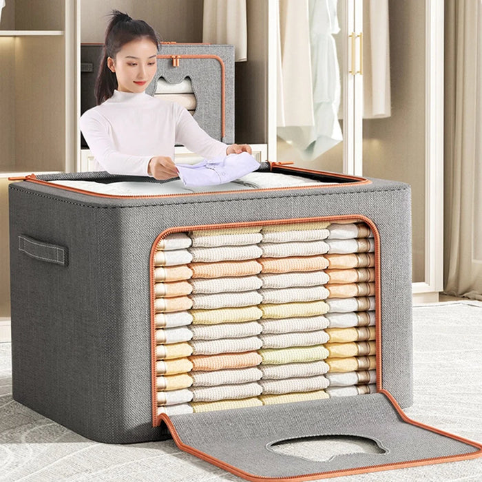 66L 50 x 40 x 33CM Foldable Storage Box with Cat Ear Window Cationic Fabric Steel Frame Organizer - Grey - 2