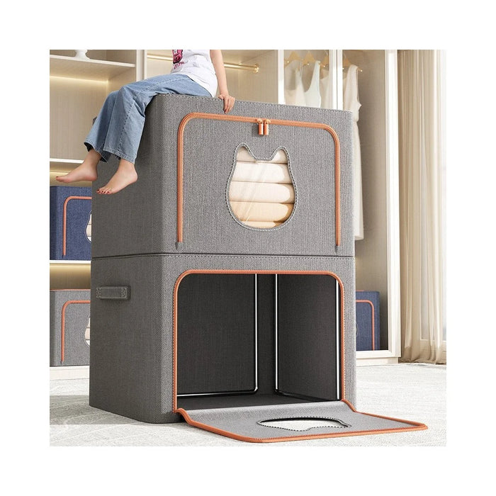 66L 50 x 40 x 33CM Foldable Storage Box with Cat Ear Window Cationic Fabric Steel Frame Organizer - Grey - 6